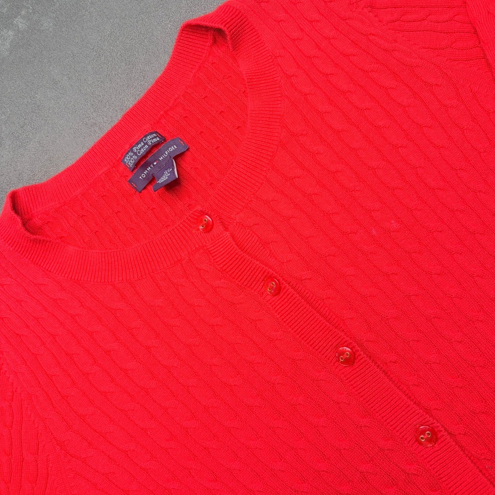 Tommy Hilfiger Cardigan Men M Red Cable Knit Pima Cotton Button Up Crew Neck